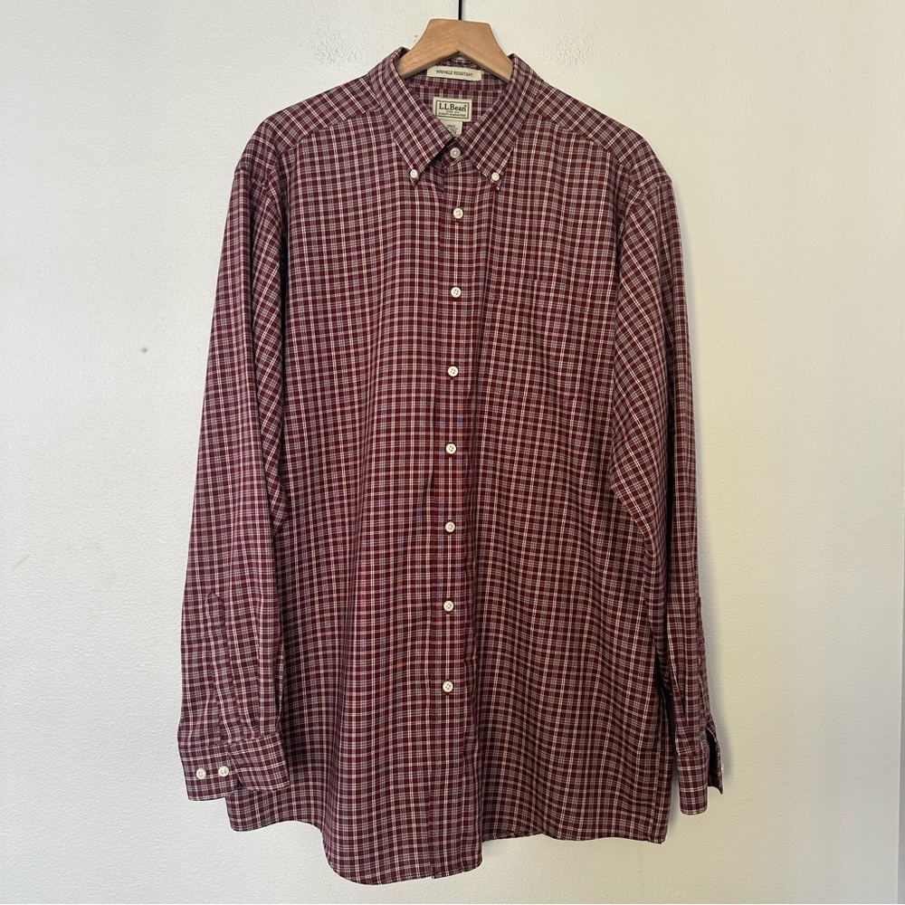 LL Bean 100% Cotton Maroon Plaid  Button Up Shirt Mens XL Tall Wrinkle Resistant